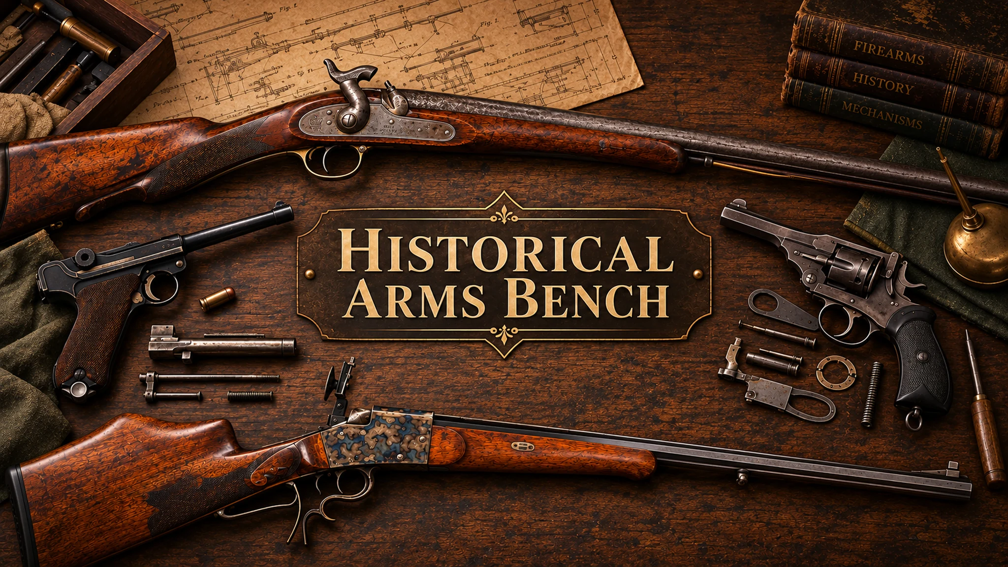 Historical Arms Bench artwork: antique firearms, mechanical drawings and tools arranged on a wooden workbench.